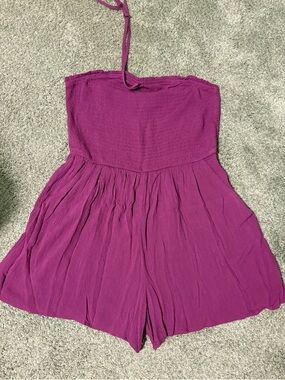 wild fable Womens Magenta Linen Textured Halter Romper with pockets NWT